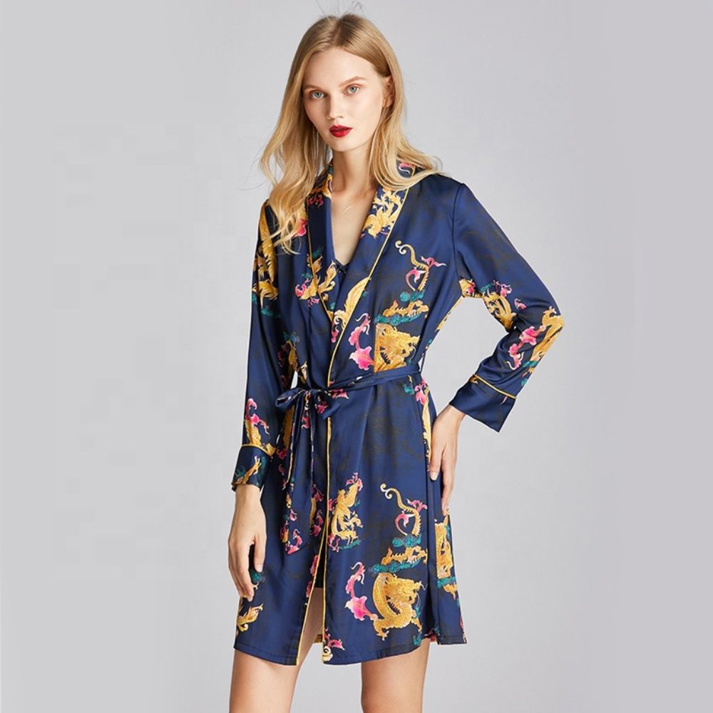 Navy Printed Satin Robe with Tie Waist NWOT